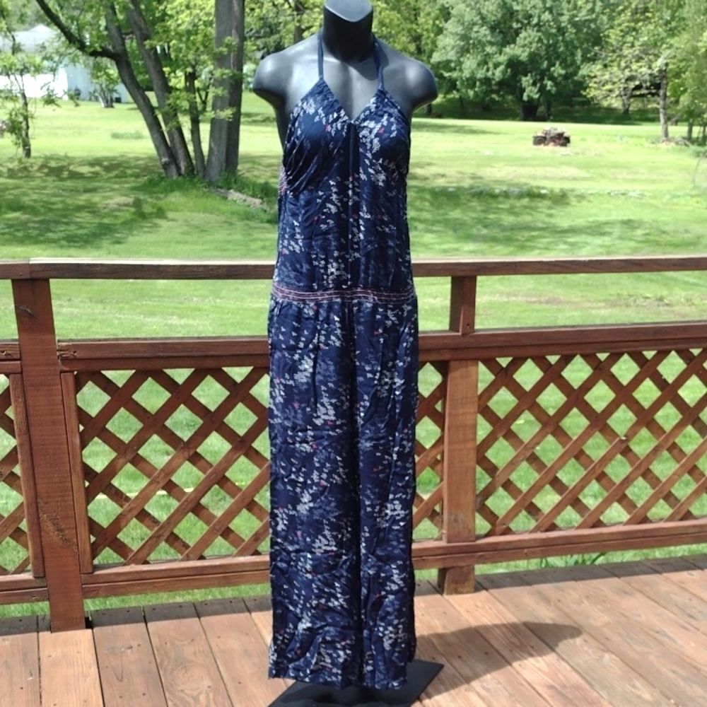 Naf Naf Navy Blue Wide Leg Halter Jumpsuit with Bird Print Size 34
